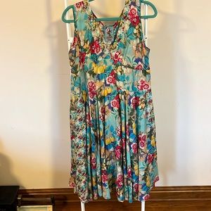 Johnny Was Turquoise Floral Midi Dress with Red and Yellow Accents